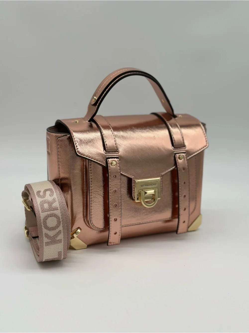 Metallic Rose Gold Structured Satchel Handbag